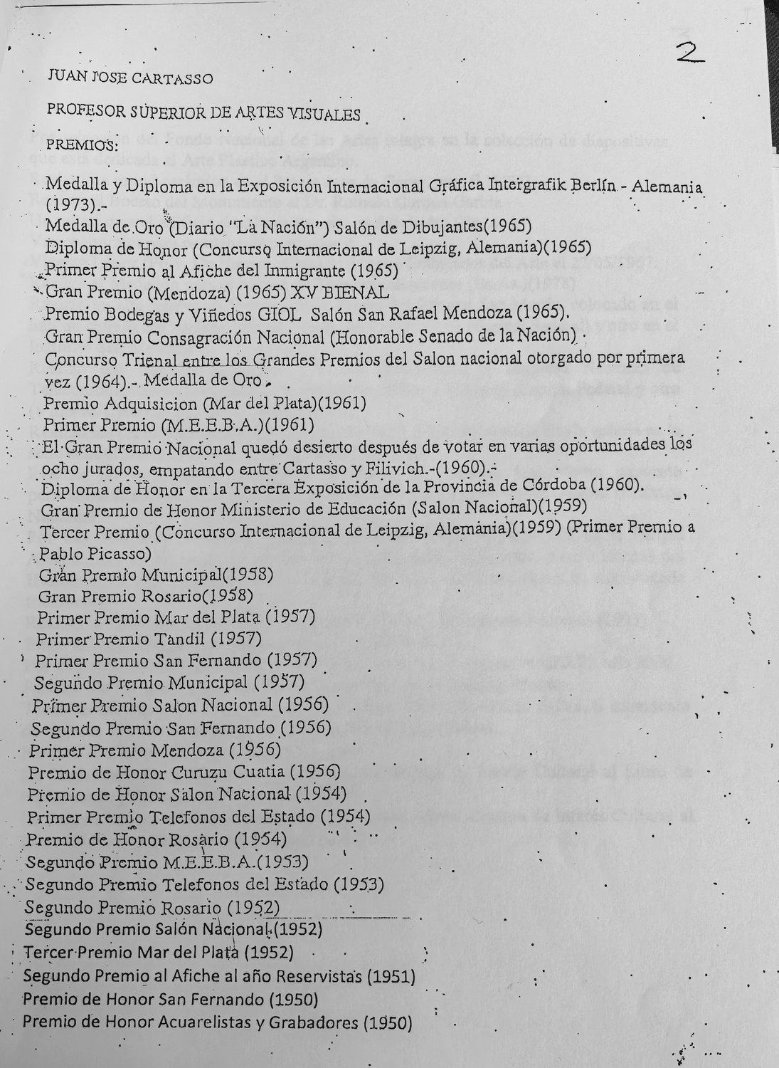 Carilla del currículum mecanografiado con la lista completa de premios, encabezada «Profesor Superior de Artes Visuales — Premios».