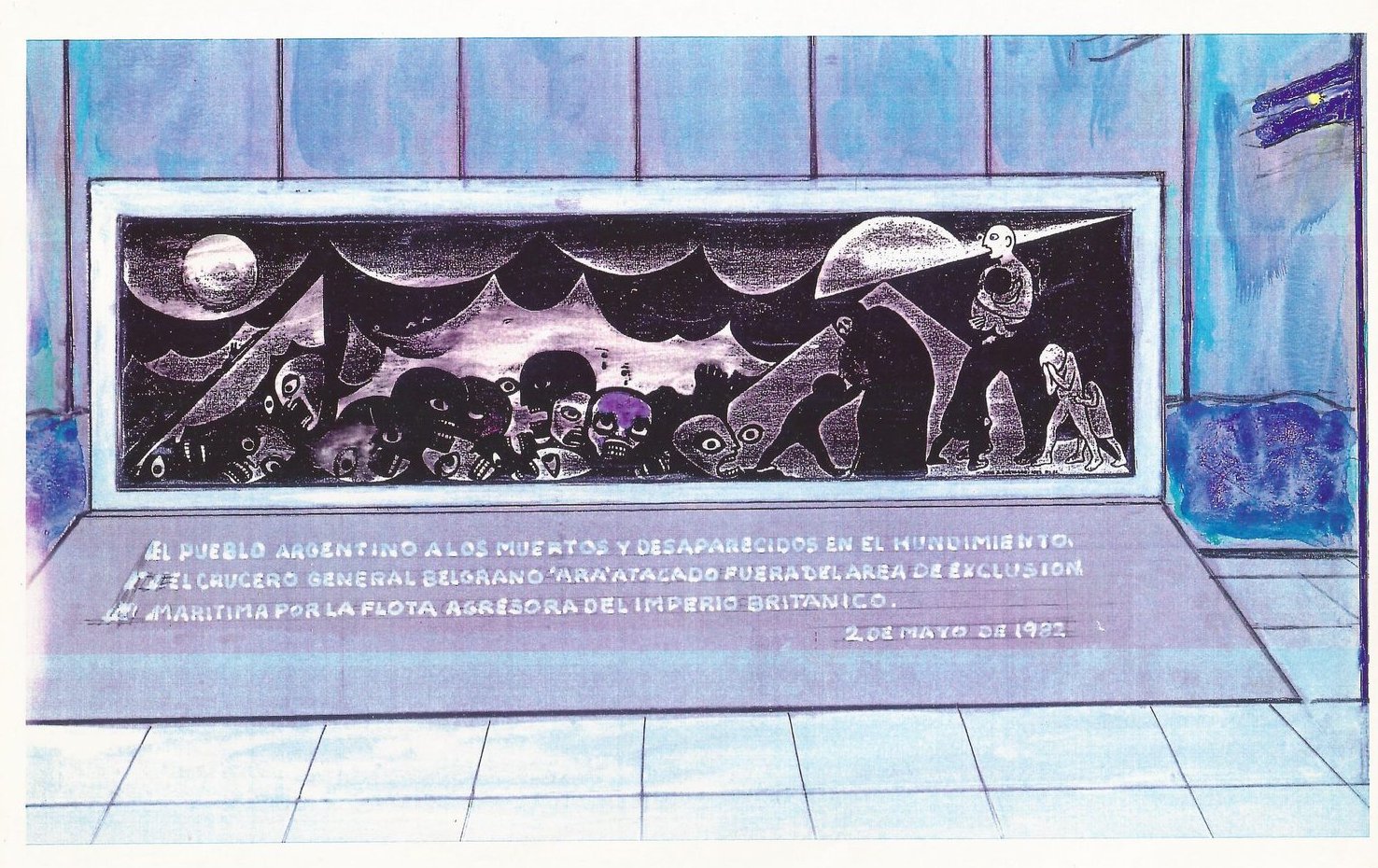 Estudio en color del monumento: el mural en blanco y negro montado sobre un muro, con la inscripción legislada pintada sobre la base inclinada, en tonos azules y violetas.