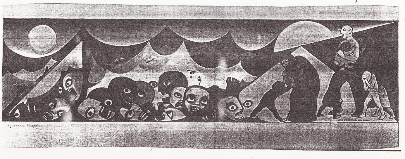 El hundimiento del Belgrano: mural apaisado en blanco y negro. Bajo una luna sobre el mar encrespado, una fila de rostros fragmentados emerge entre las olas; a la derecha, sobrevivientes y deudos: una figura que carga a un niño, otra enlutada y un hombre encorvado.