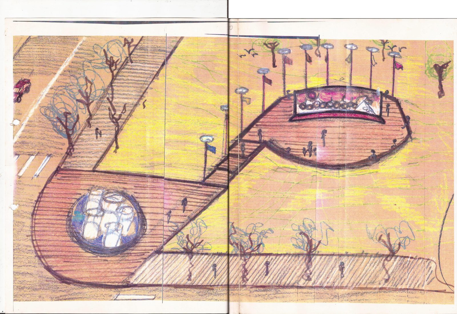Boceto aéreo en lápices de color del conjunto: la plaza con la fuente circular, el sendero y el mural curvo rodeado de mástiles con banderas y faroles.