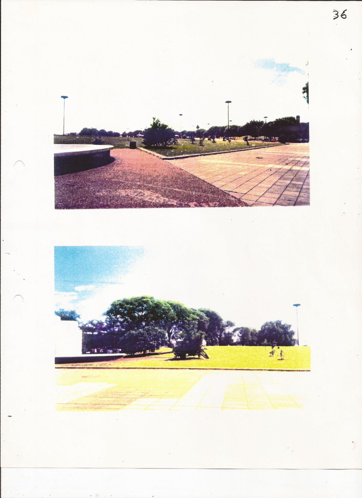Dos fotografías color del playón del parque Juan Bautista Alberdi, vacío, con faroles y árboles: el sitio previsto para el monumento.